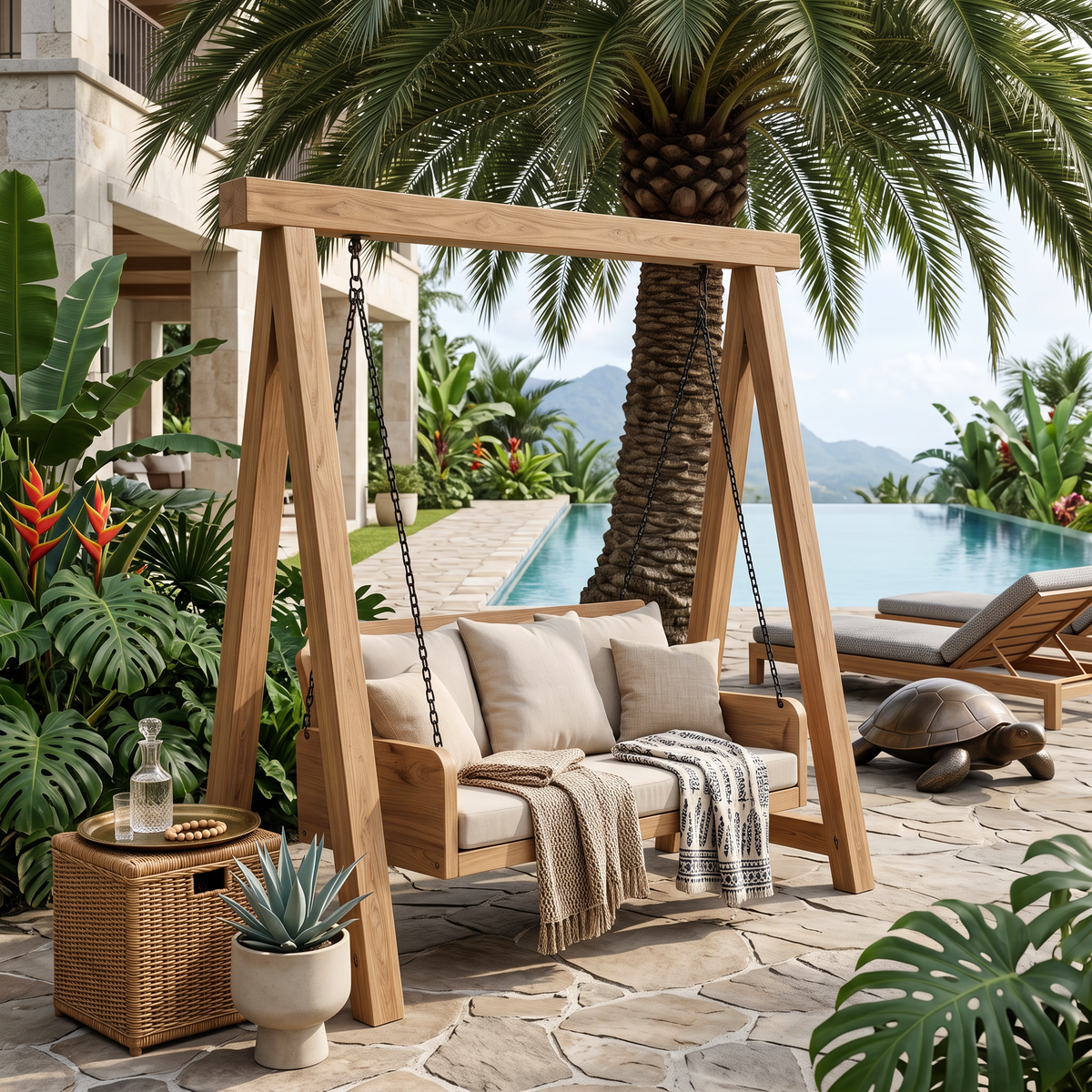 Organic Wood Swing With Backrest For Patio RTTHTTSG002