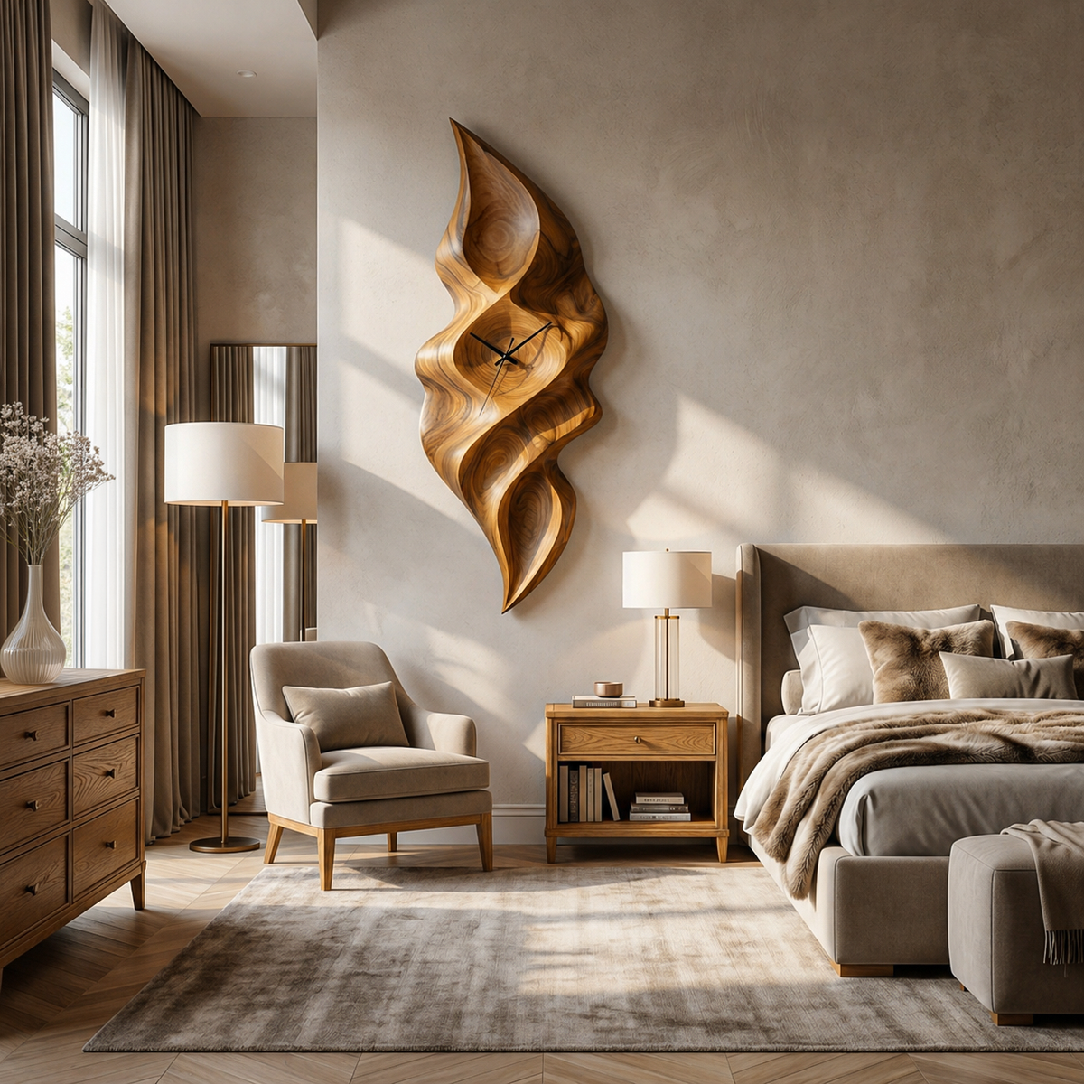 Contemporary Wood Wall Clock With Wave Sculpture For Minimalist Bedroom RTTHTTWAC013