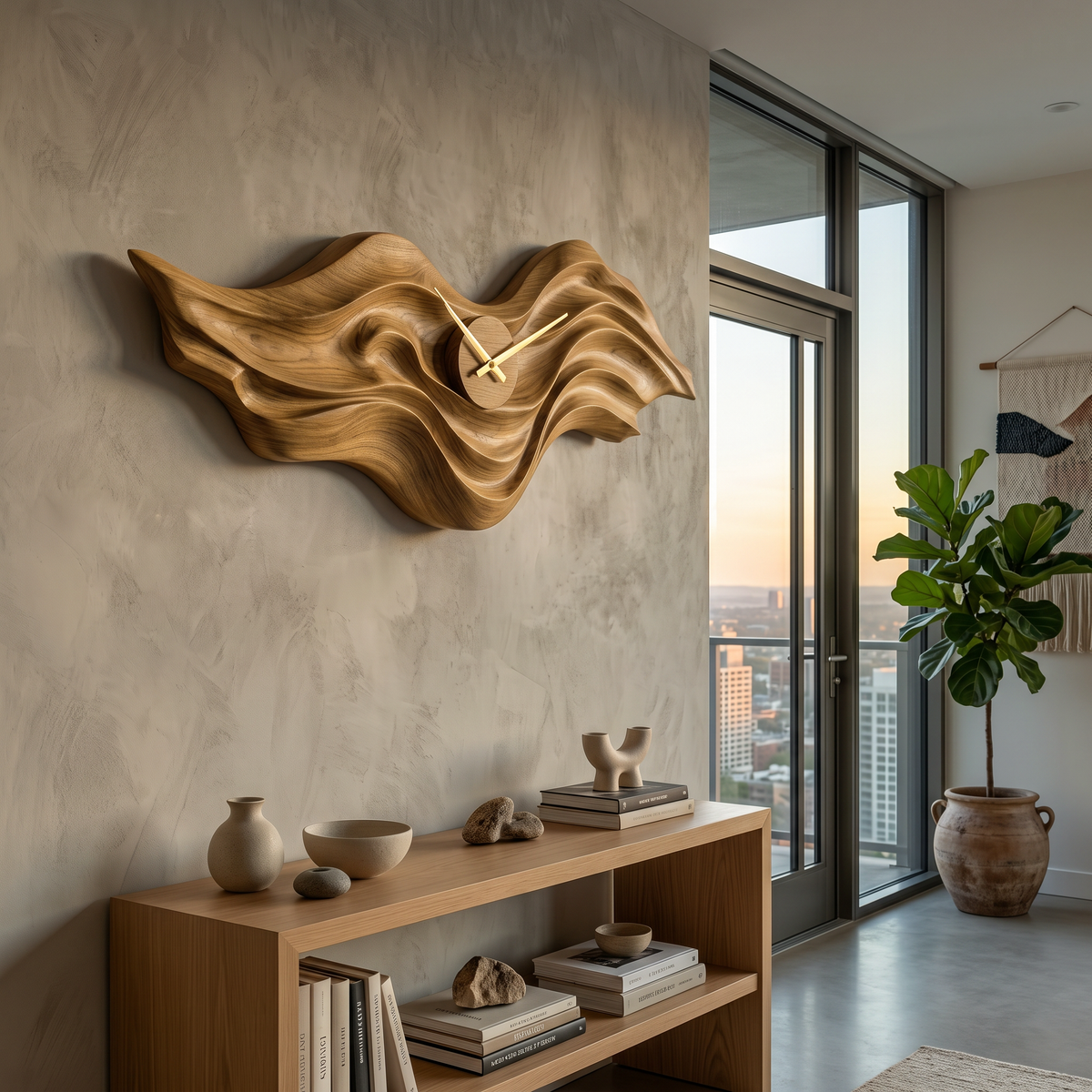 Organic Wood Wall Clock With Wave Sculpture For Living Interior RTTHTTWAC018