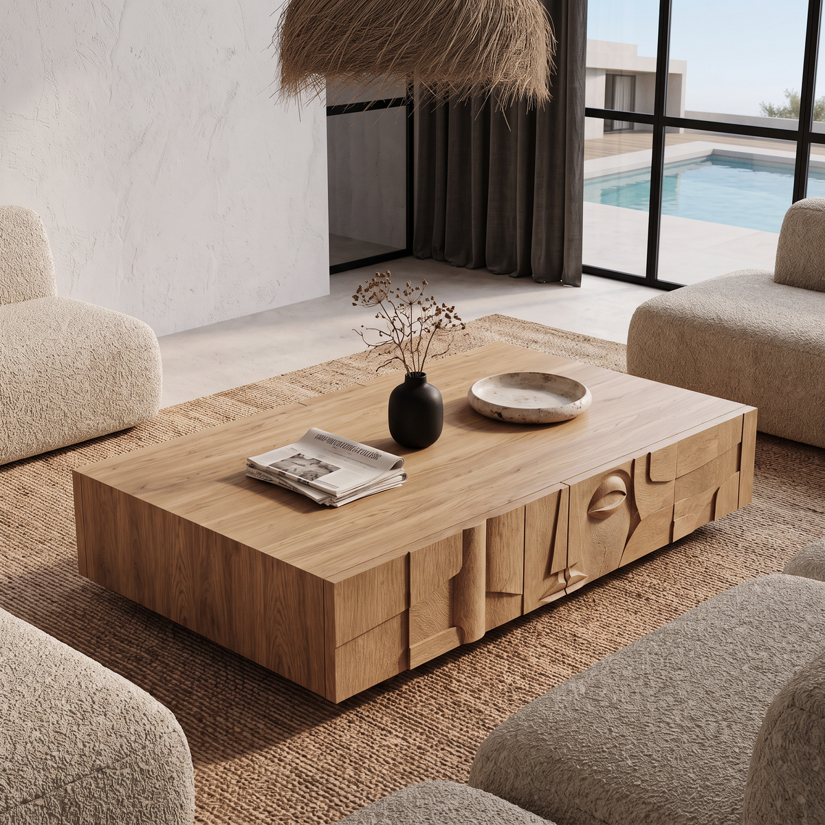 Modern Statement Coffee Table With Textured Relief Drawers For Living Room SINLHACF425