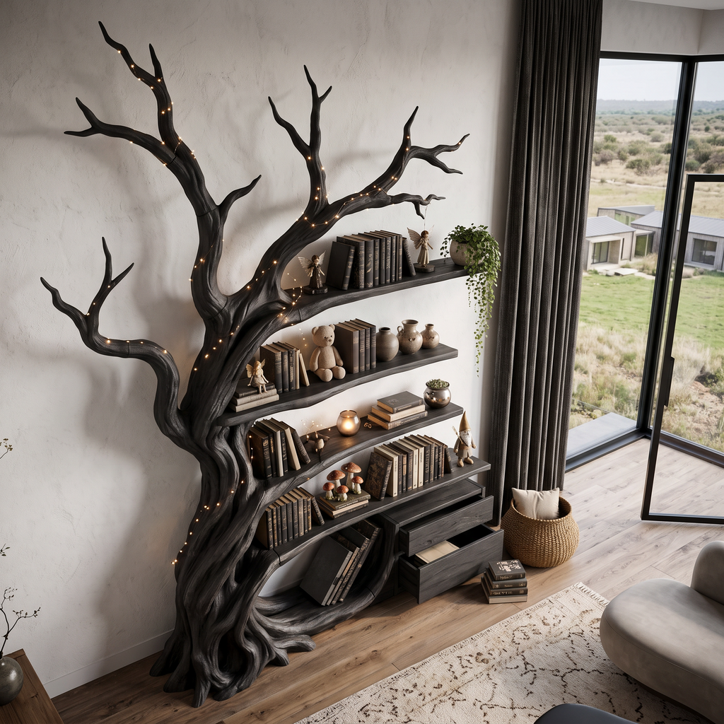 Bibliothèque moderne en forme d'arbre, étagères en branches fabriquées à la main pour bibliothèque maison SINLHATB768