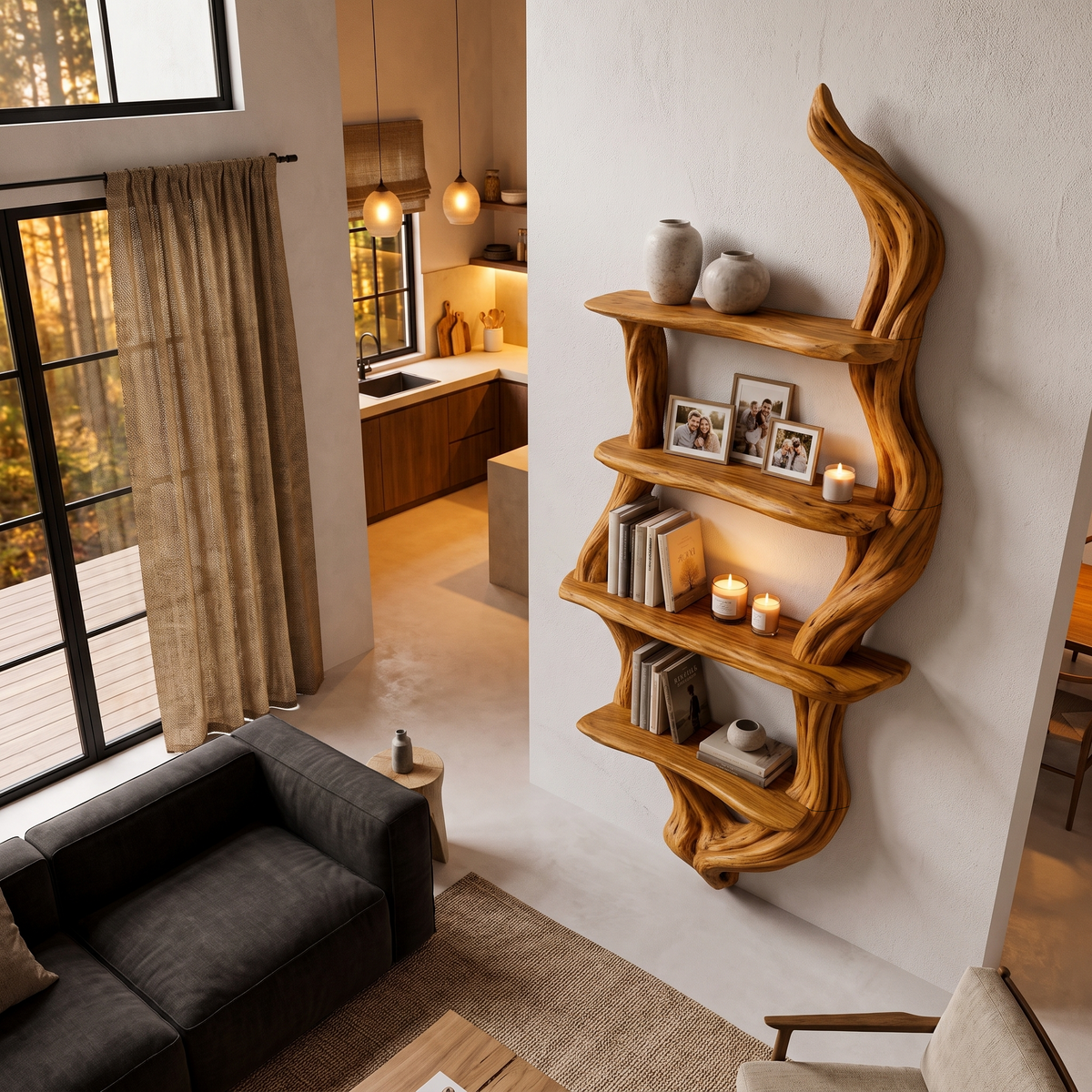 Étagère murale rustique, design branche d'arbre fabriqué à la main pour salon SINLHABS066