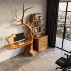 Bureau flottant naturel avec bibliothèque arbre sculpturale pour bureau à domicile SINLHADE172