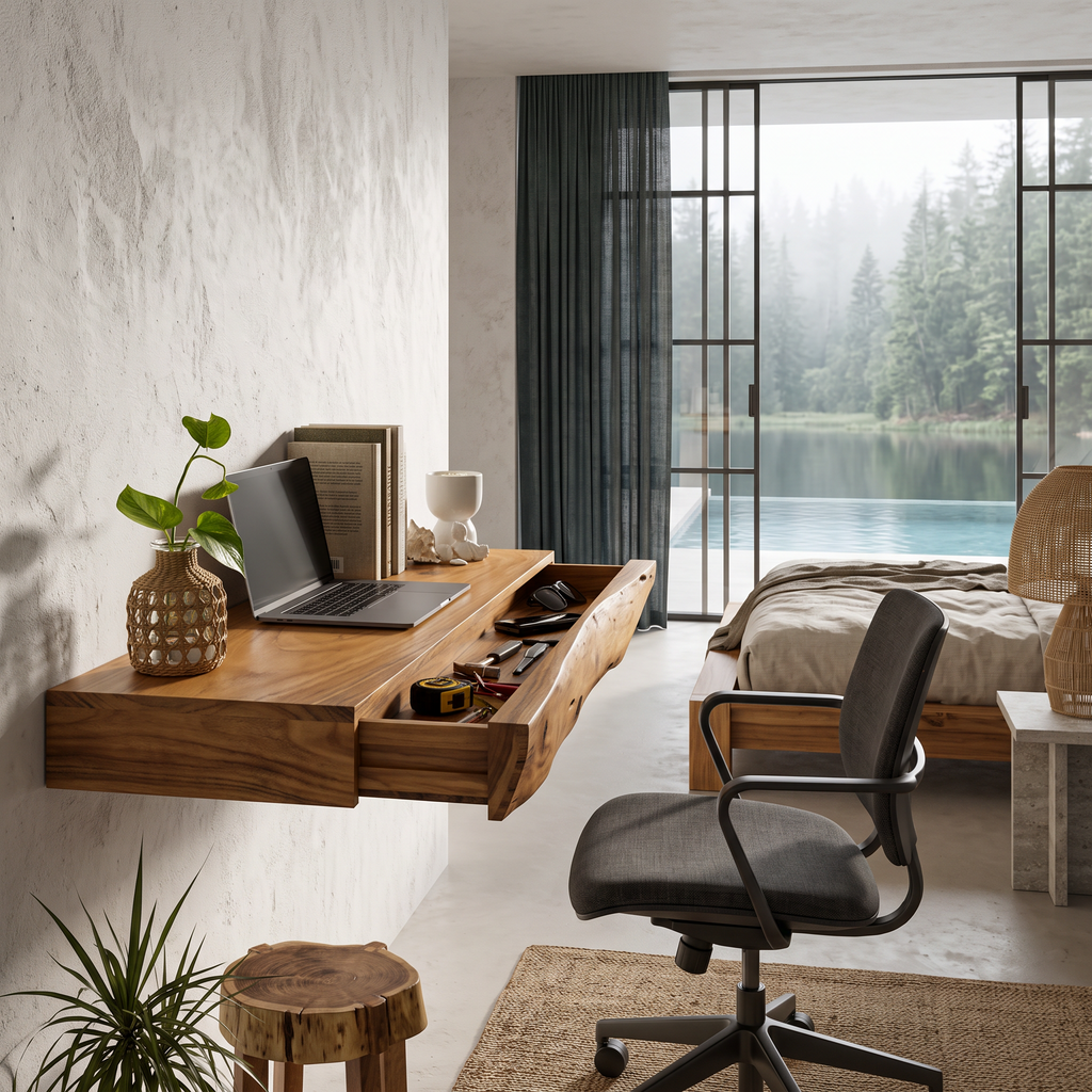 Bureau flottant rustique avec design à bord brut pour bureau à domicile et espace de travail SINLHADE169