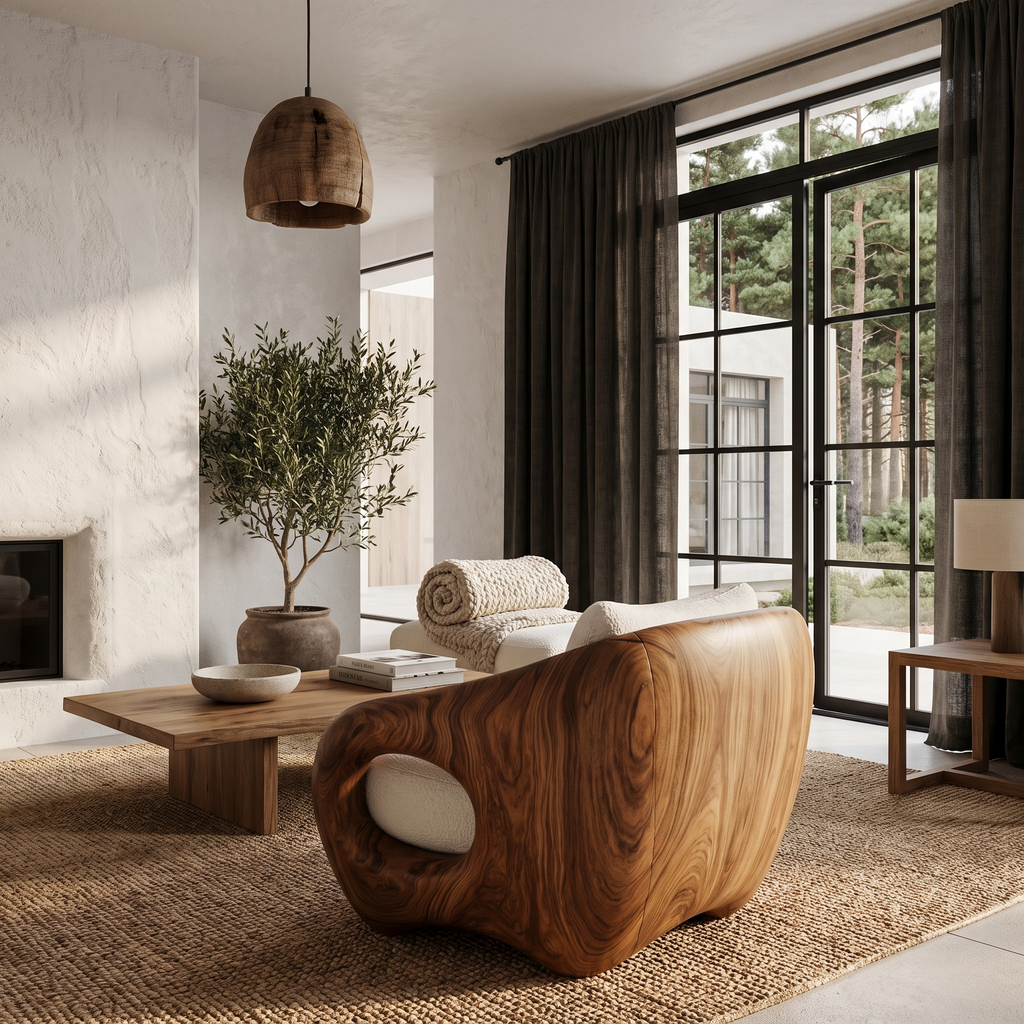 Fauteuil de salon en bois rustique avec dossier enveloppant pour coin lecture SINLHACHR040