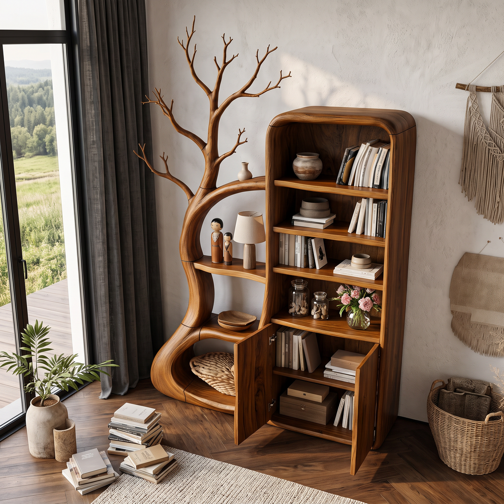 Meuble rustique avec étagères inspirées de branches pour salle de lecture SINLHASD541