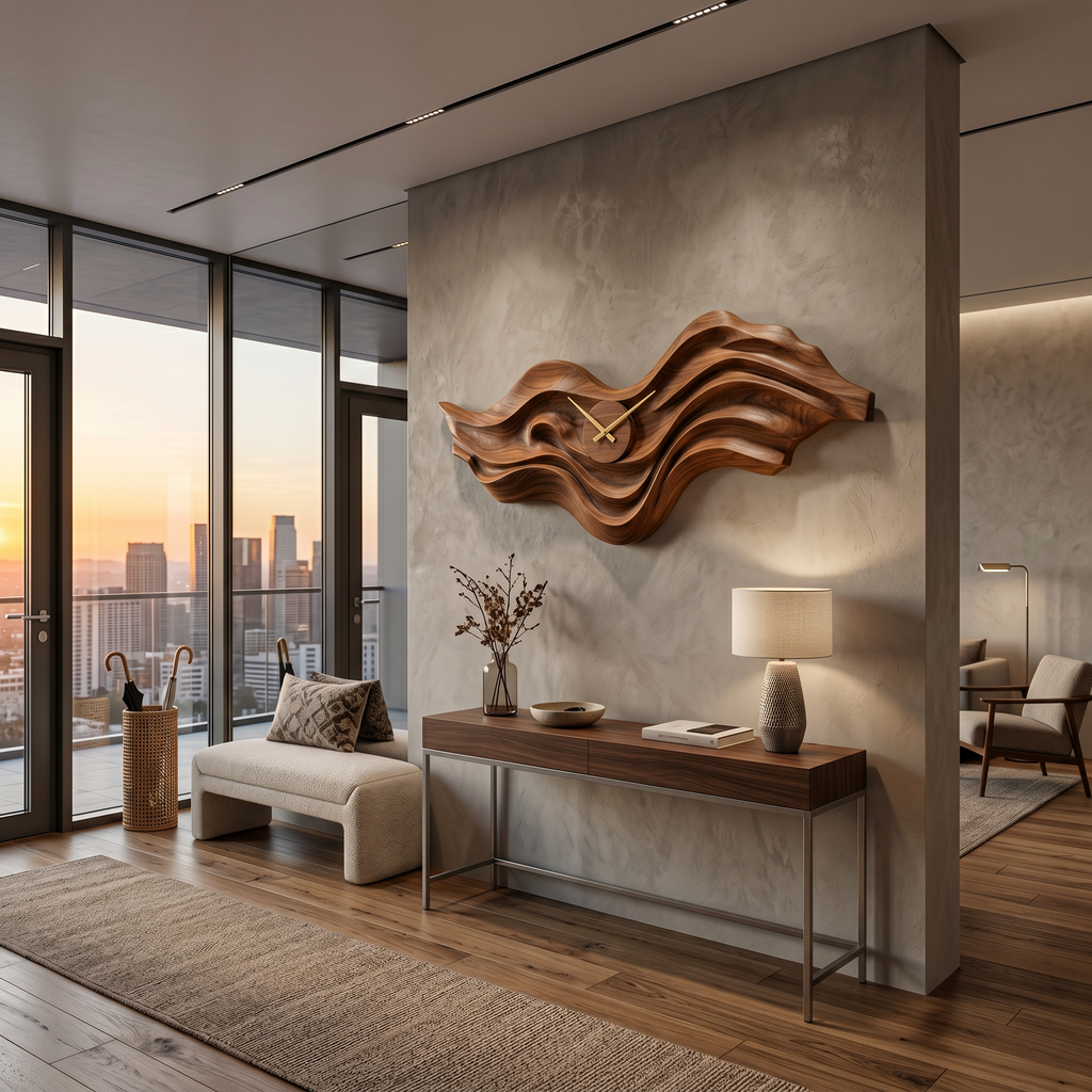 Horloge murale en bois bio avec sculpture en forme de vague pour intérieur de salon RTTHTTWAC018