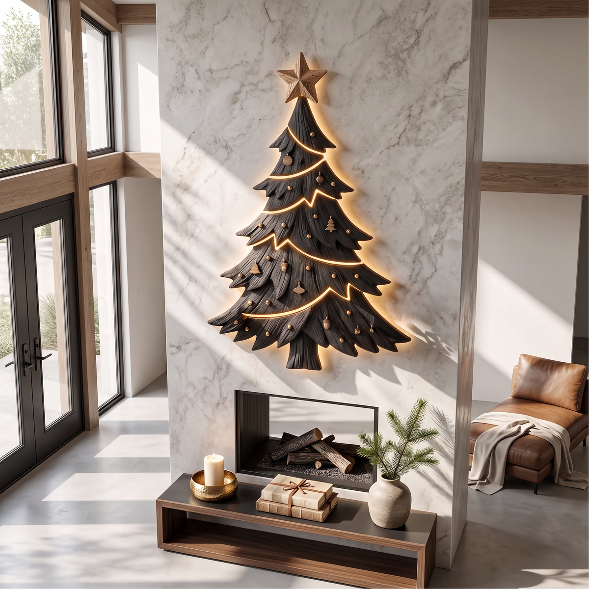 Sculpture murale de Noël contemporaine avec silhouette de sapin pour salon SINLSAWA145