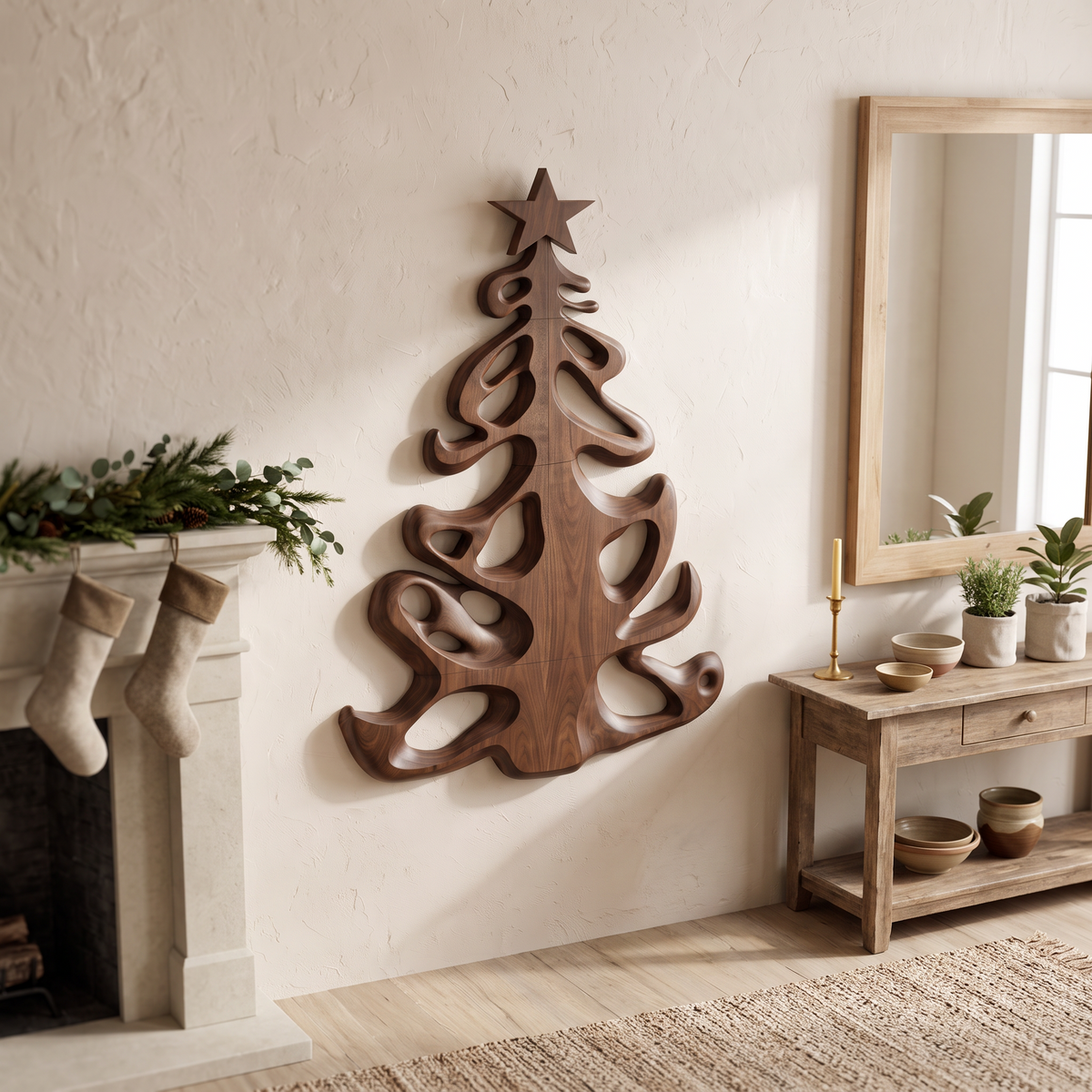 Organic Xmas Wooden Holiday Decor With Fluid Tree Silhouette For Entryway SINLSAWA152