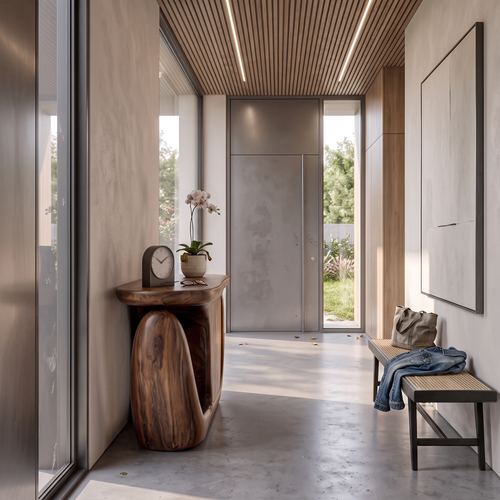 Table console contemporaine avec base sculpturale et rangement pour entrée SINLKICS704
