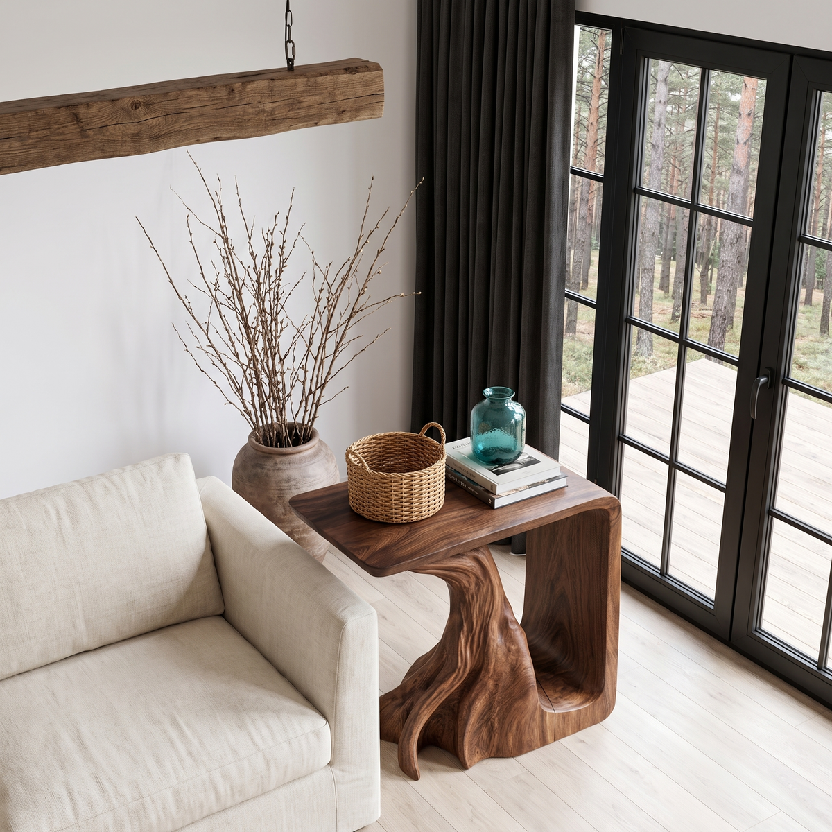 Rustic Sculptural Bedside Table With Root Inspired Base For Living Room SINLHASTA300