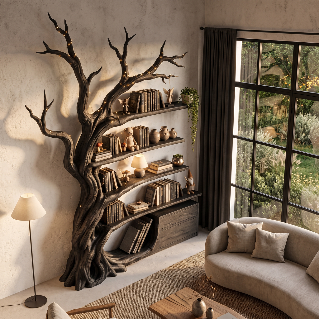 Bibliothèque moderne en forme d'arbre, étagères en branches fabriquées à la main pour bibliothèque maison SINLHATB768