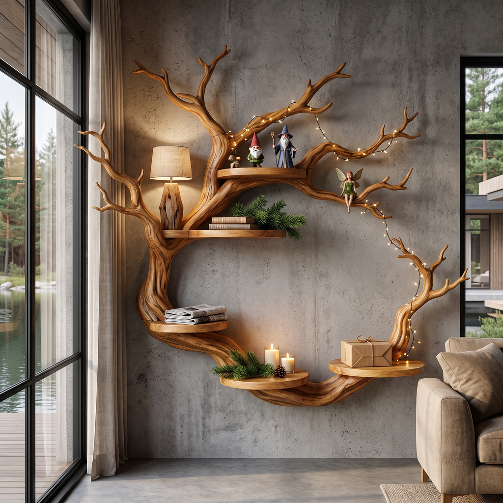Bibliothèque rustique avec design sculptural en forme de branches circulaires pour salon SINLHAFL066