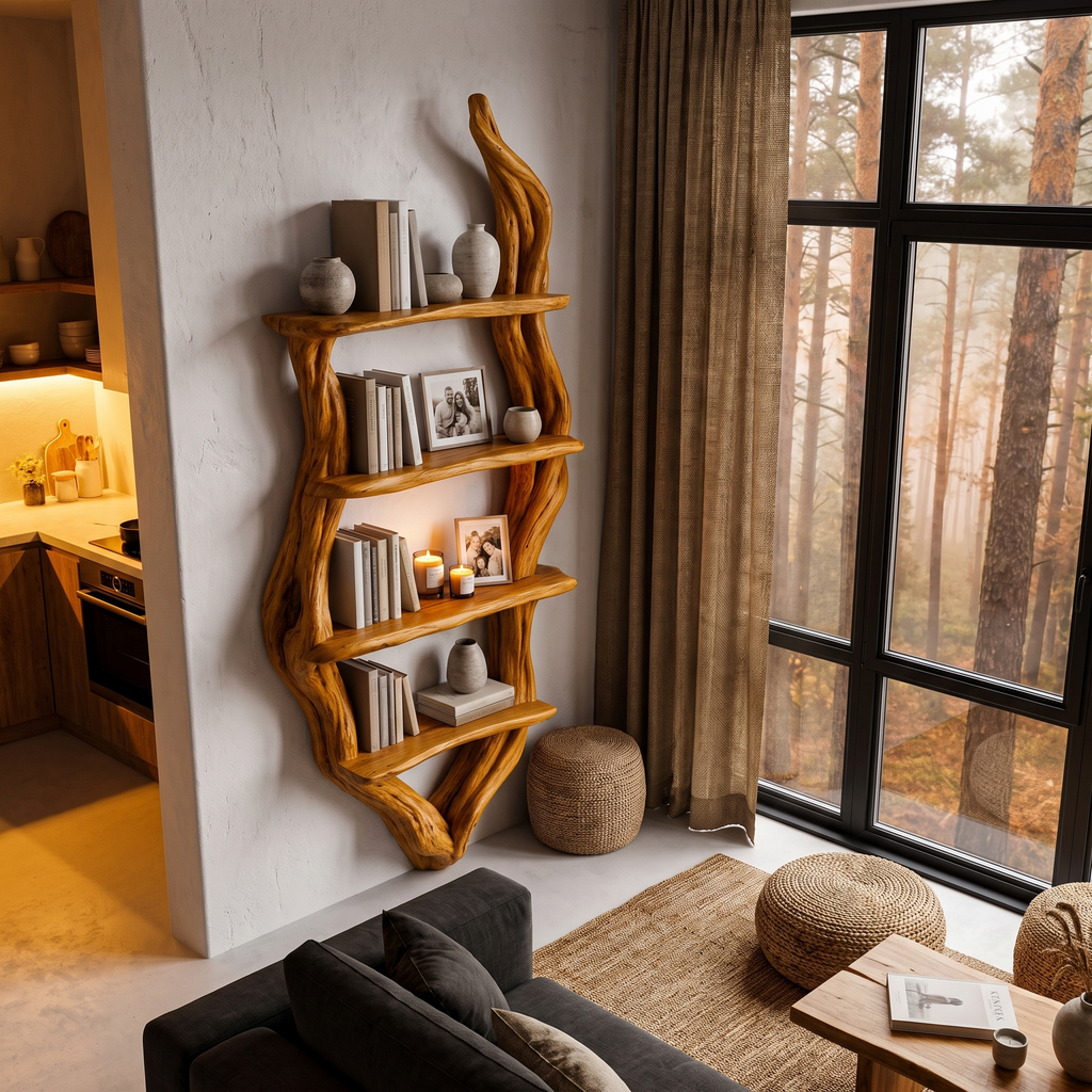 Étagère murale rustique, design branche d'arbre fabriqué à la main pour salon SINLHABS066