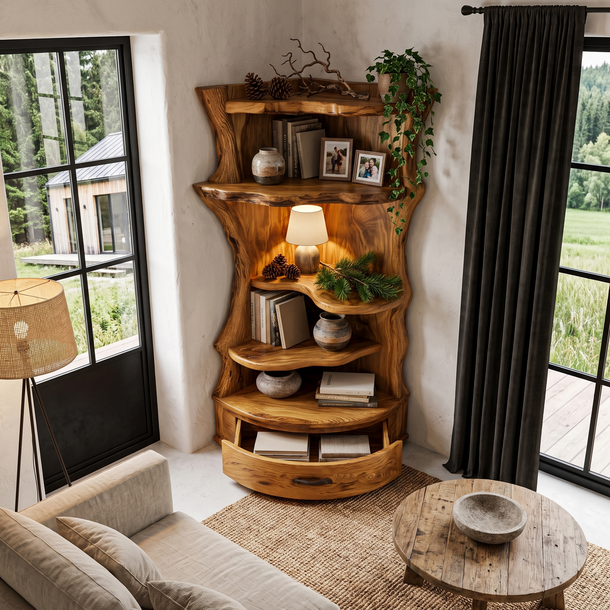 Étagère d'angle style Mid-Century avec base de rangement incurvée pour salon SINLHABS072