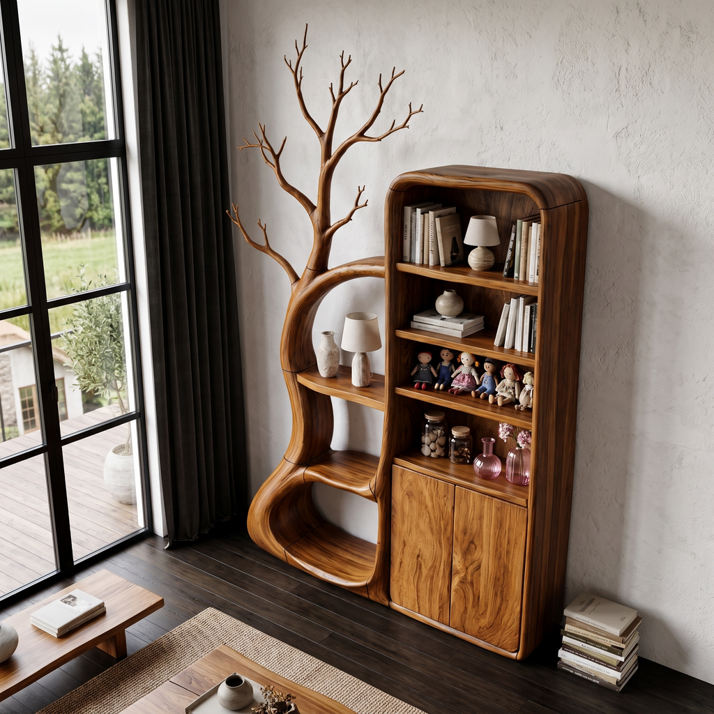 Meuble rustique avec étagères inspirées de branches pour salle de lecture SINLHASD541