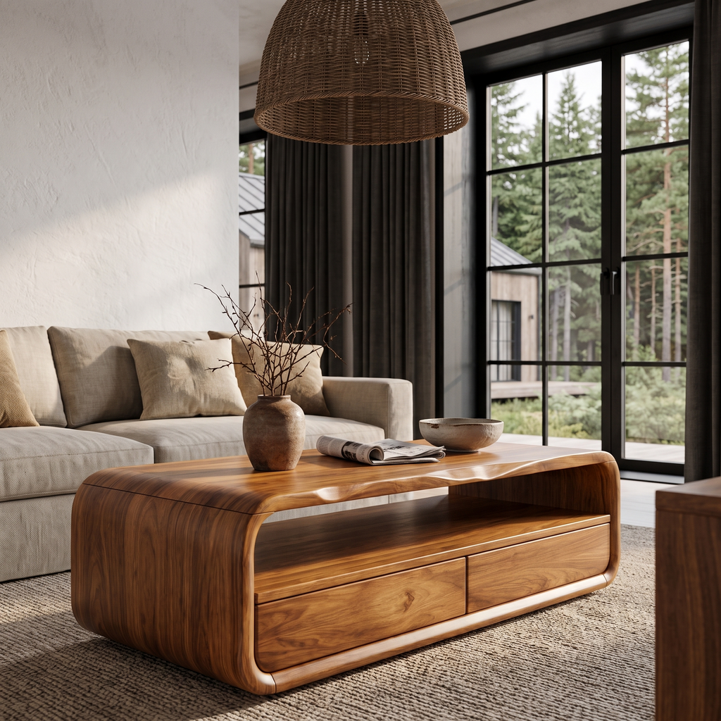 Table basse du milieu du siècle avec cadre arrondi et rangement pour salon SINLHACF423