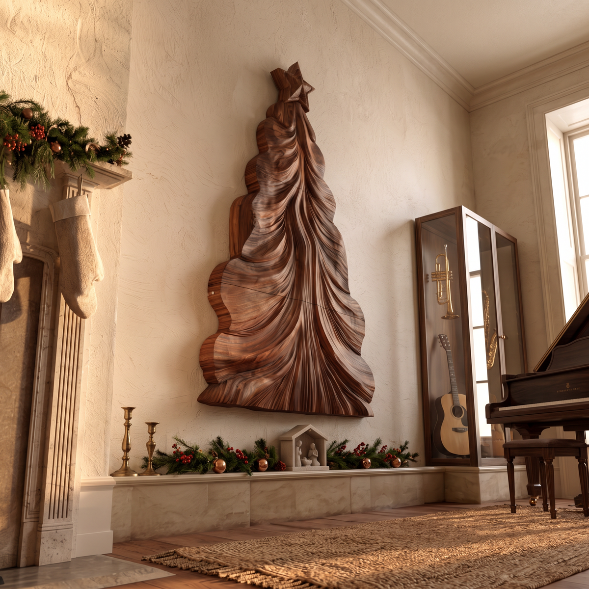 Contemporary Wooden Christmas Decor With Curved Openwork Design For Living Room SINLSAWA150