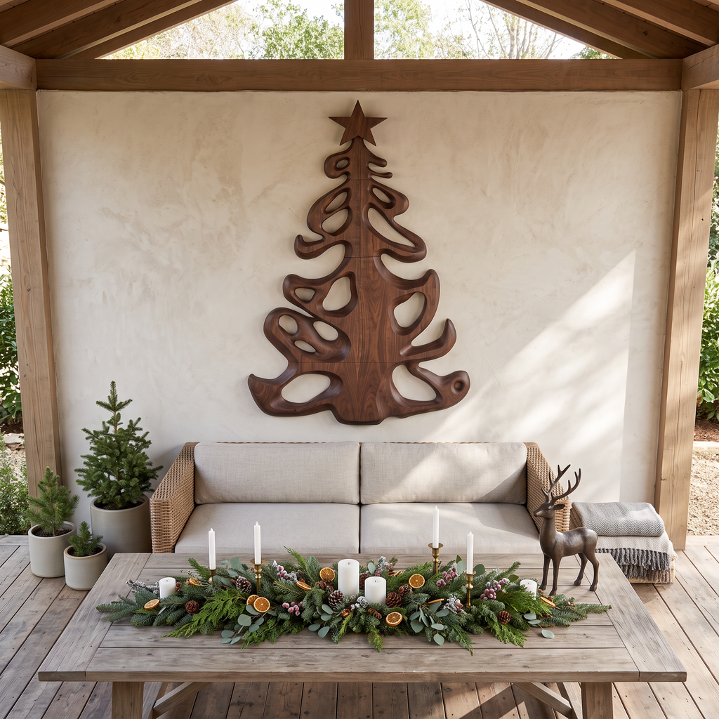 Décoration de Noël organique en bois avec silhouette d'arbre fluide pour entrée SINLSAWA152