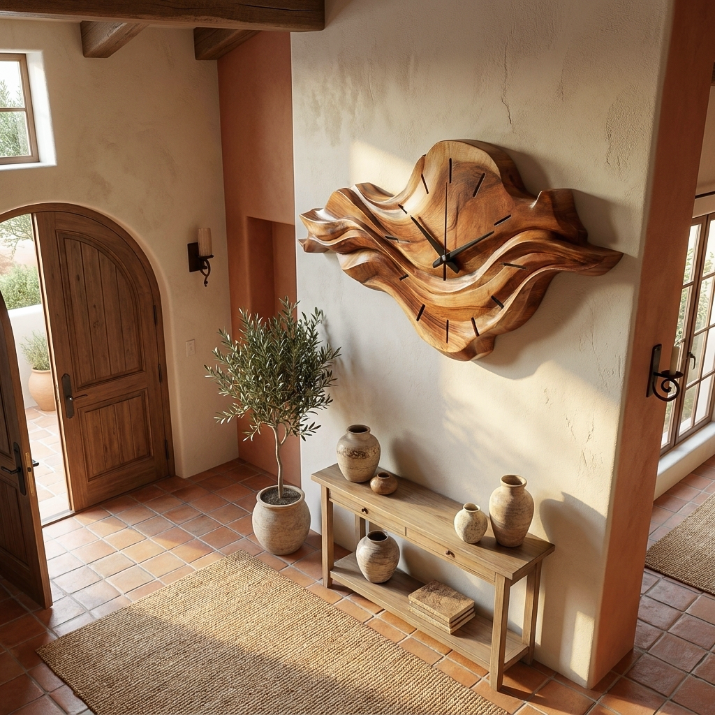 Horloge murale contemporaine en bois avec sculpture en forme de vague unique pour la maison RTTHTTWAC025