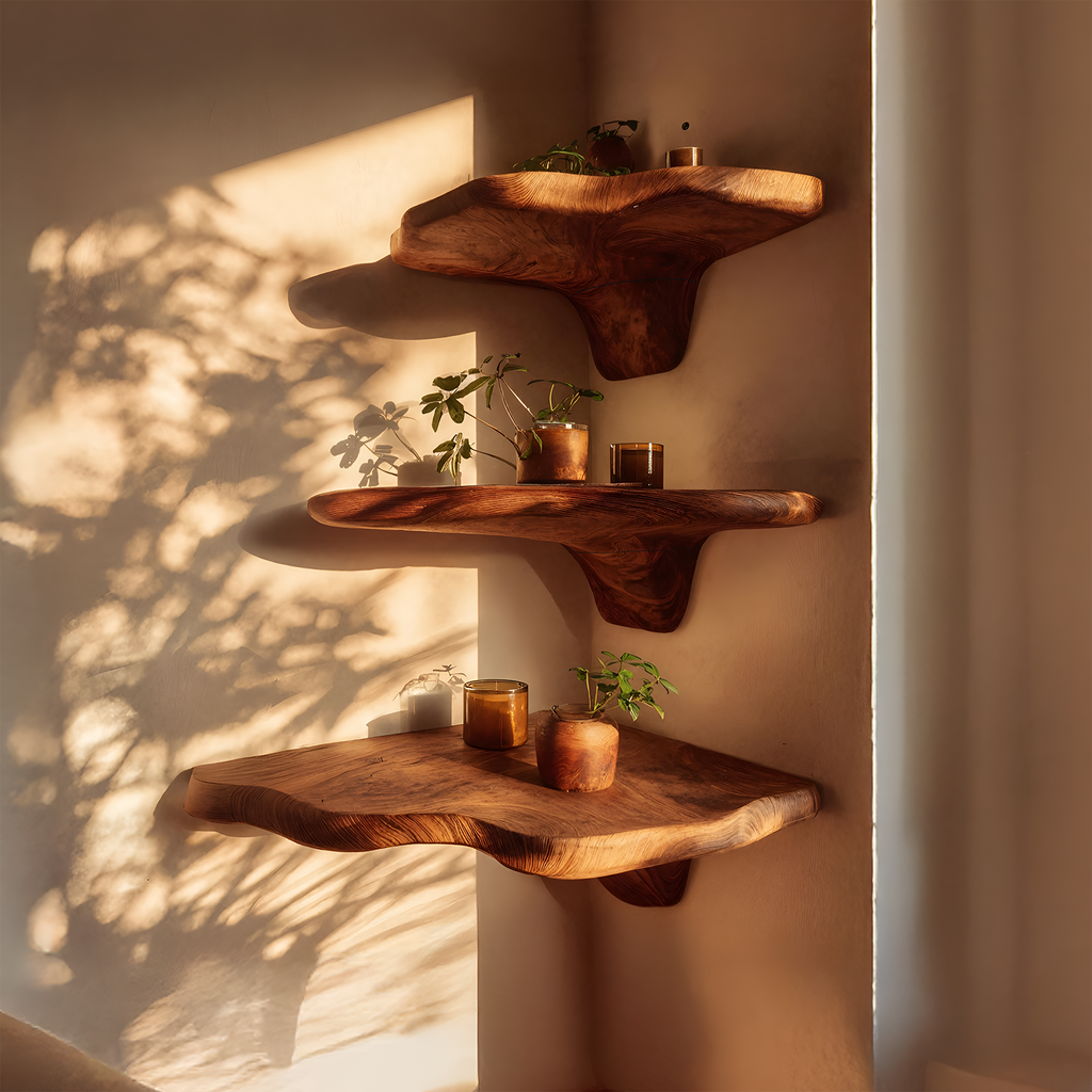 Étagère champignon artisanale en bois à bord brut pour décoration de mobilier moderne SILDTTNCMS016