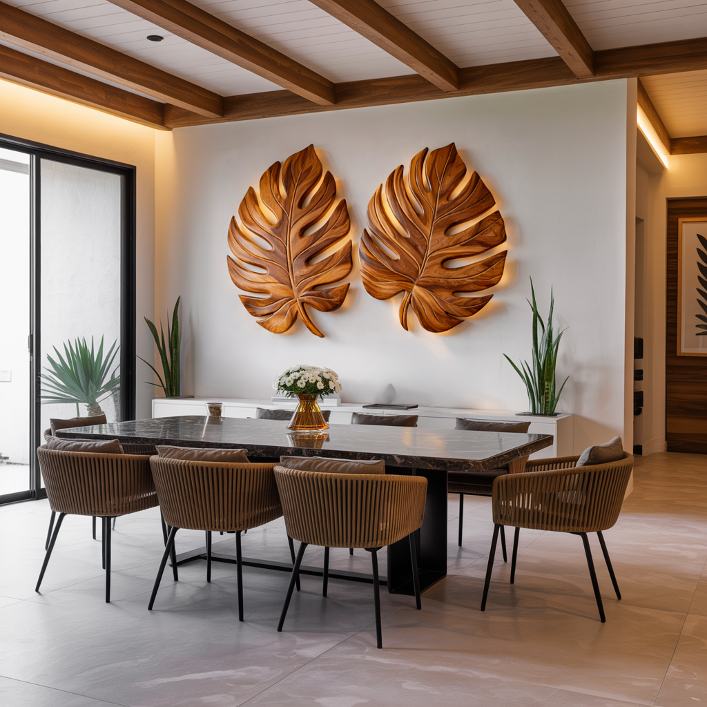 Décoration murale organique en bois et feuille de palmier pour intérieur scandinave RTTHTTWA100