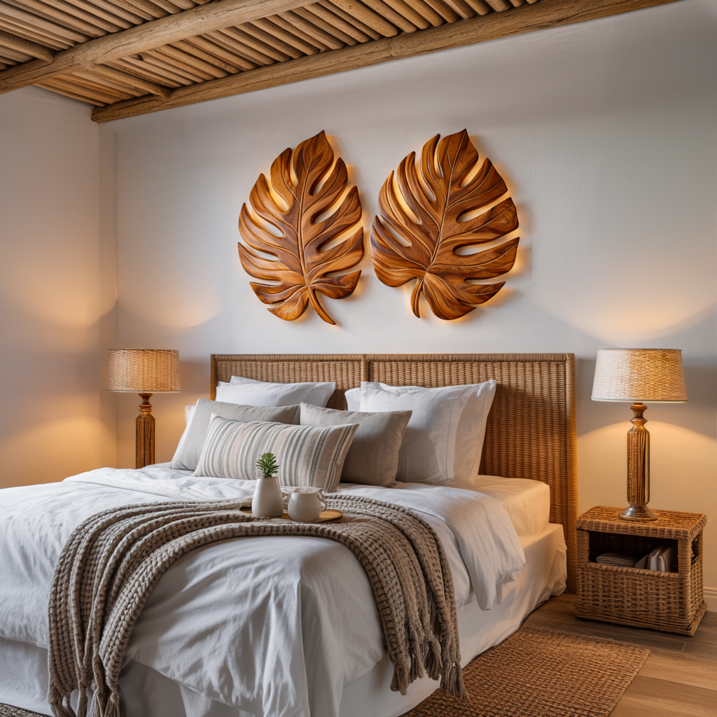 Décoration murale organique en bois et feuille de palmier pour intérieur scandinave RTTHTTWA100