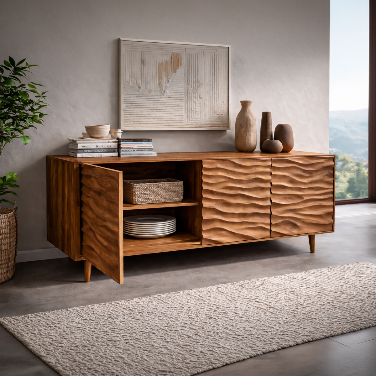 Modern Wooden Sideboard With Carved Wave Doors For Contemporary Living RTTHTTSD043