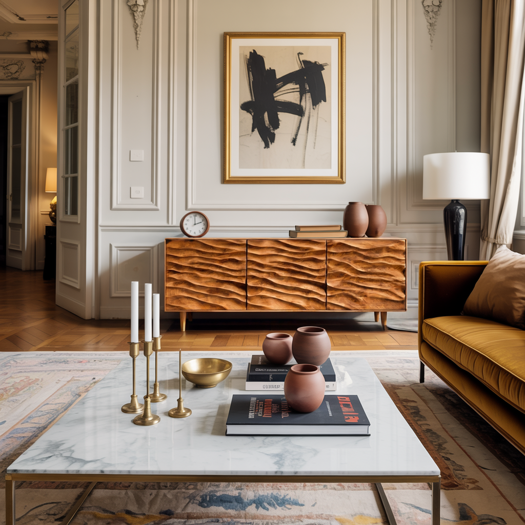 Buffet moderne en bois avec portes sculptées à motif de vagues pour séjour contemporain RTTHTTSD043