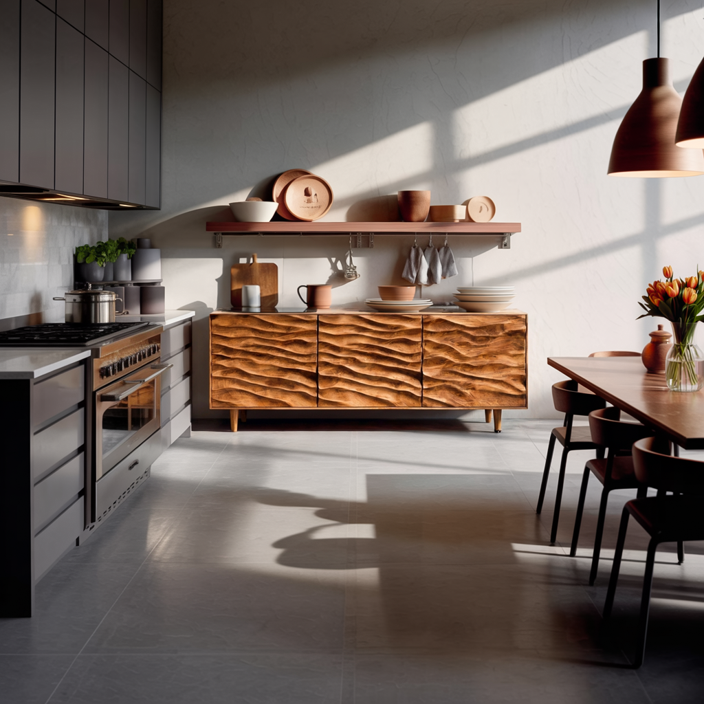 Buffet moderne en bois avec portes sculptées à motif de vagues pour séjour contemporain RTTHTTSD043