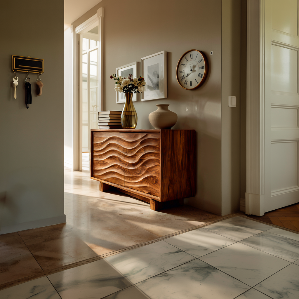 Buffet en bois avec sculpture 3D à motifs ondulés pour cuisine RTTHTTSD058