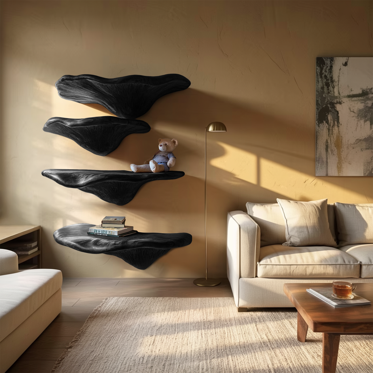 Étagère champignon en bois massif Mid-Century pour décoration murale de salon SILDTTRMR009