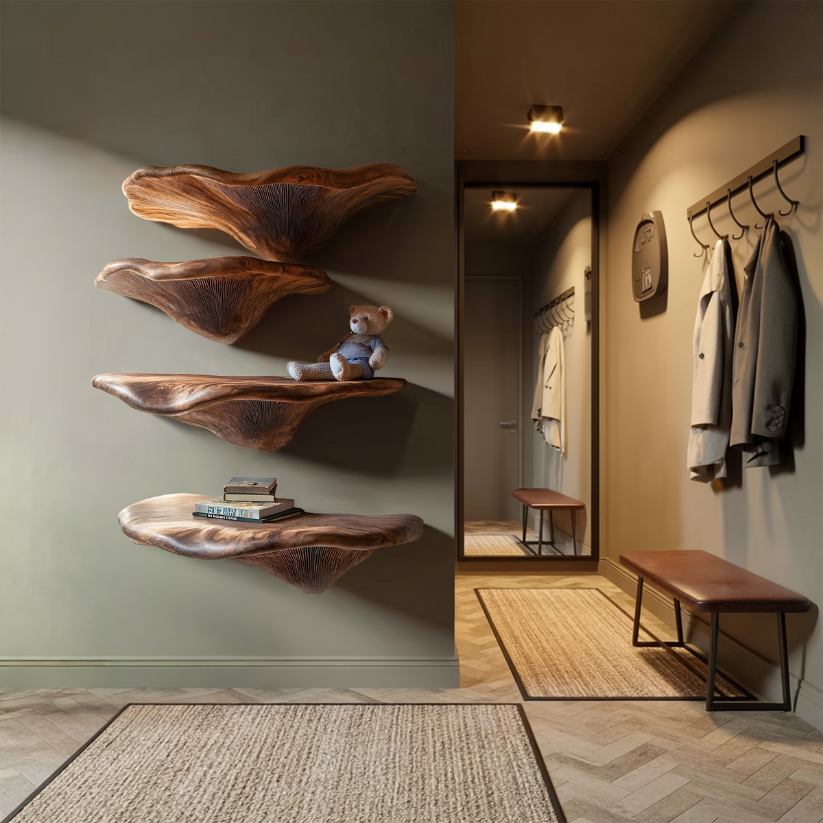 Étagère champignon en bois massif Mid-Century pour décoration murale de salon SILDTTRMR009