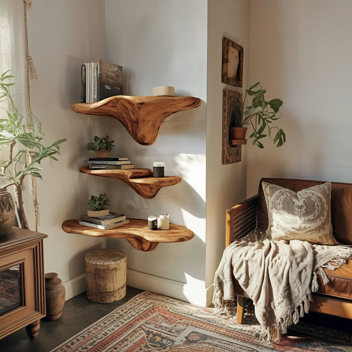 Étagère champignon artisanale en bois à bord brut pour décoration intérieure artistique SILDTTRMR015