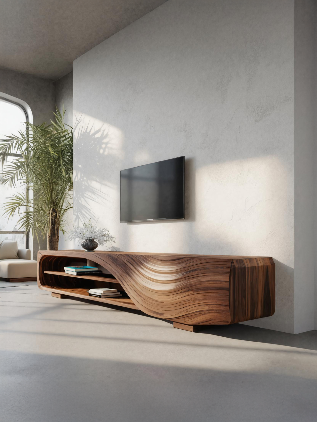 Meuble TV moderne avec motif ondulé sculpté pour salon SITHTTTVC019
