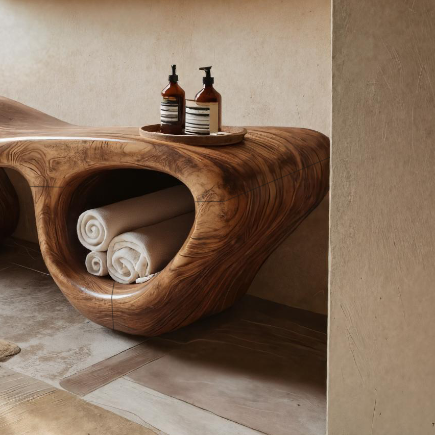 Organic Wave Carved Shower Bench Double Storage For Bathroom RTTHTTSB019