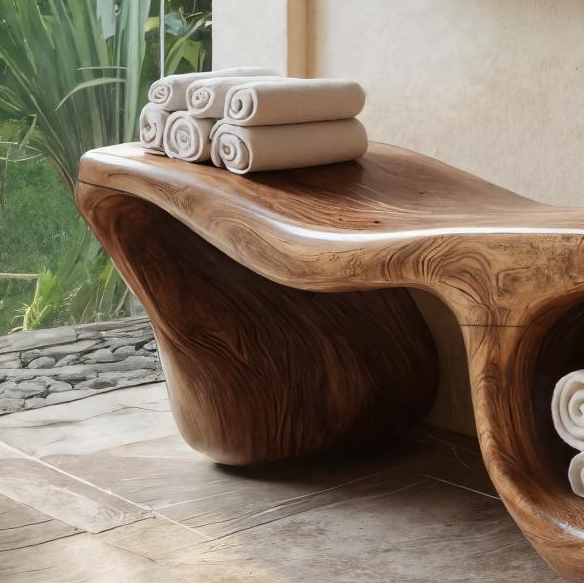 Organic Wave Carved Shower Bench Double Storage For Bathroom RTTHTTSB019