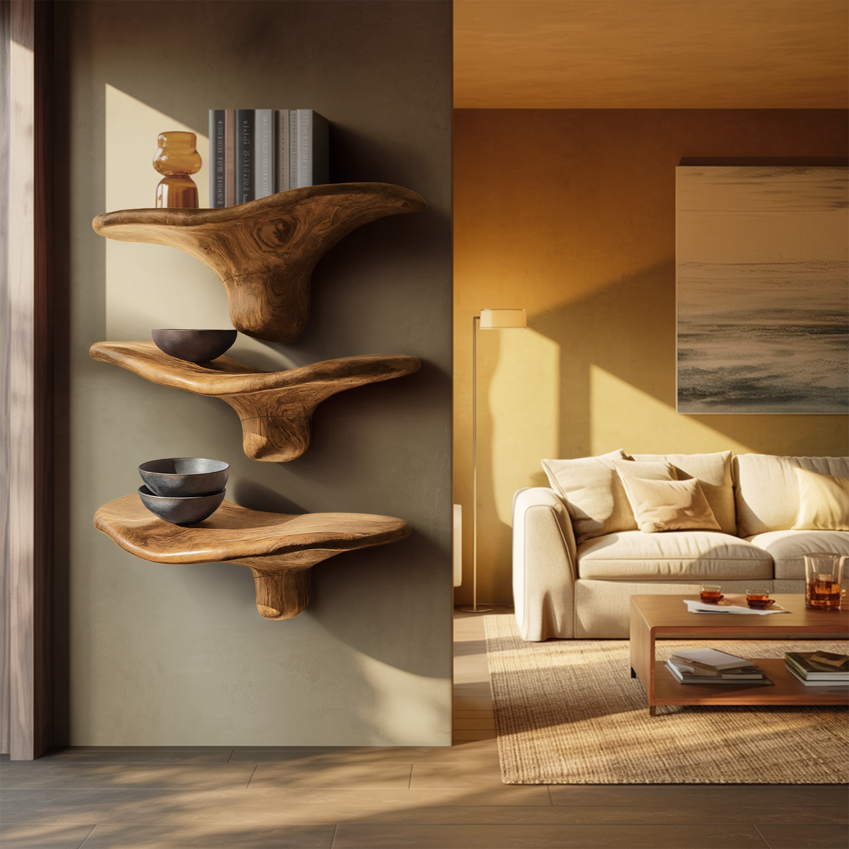 Étagère champignon moderne en bois à bord brut pour décoration intérieure minimaliste SILDTTRMR012
