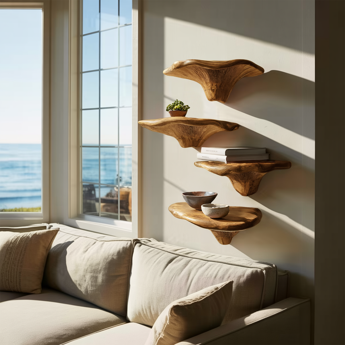 Étagère champignon artisanale en bois à bord naturel pour décoration de meuble SILDTTRMR007