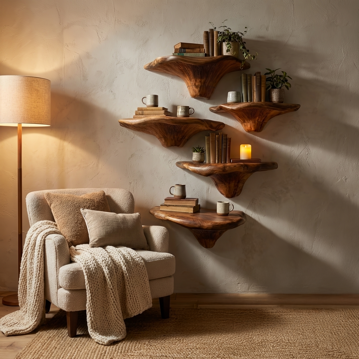 Étagère champignon artisanale en bois à bord naturel pour décoration de meuble SILDTTRMR007