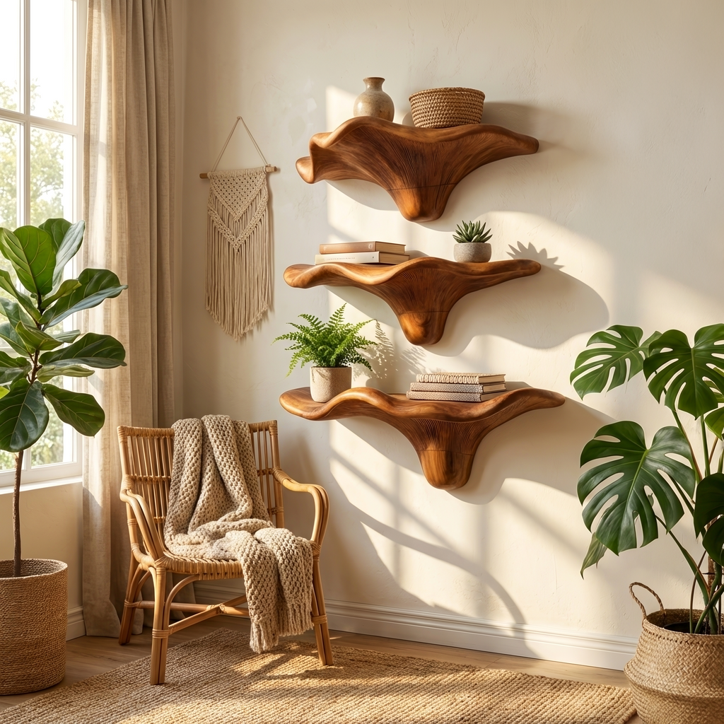 Étagère champignon en bois brut style Mid-Century pour décoration de salon SILDTTRMR005