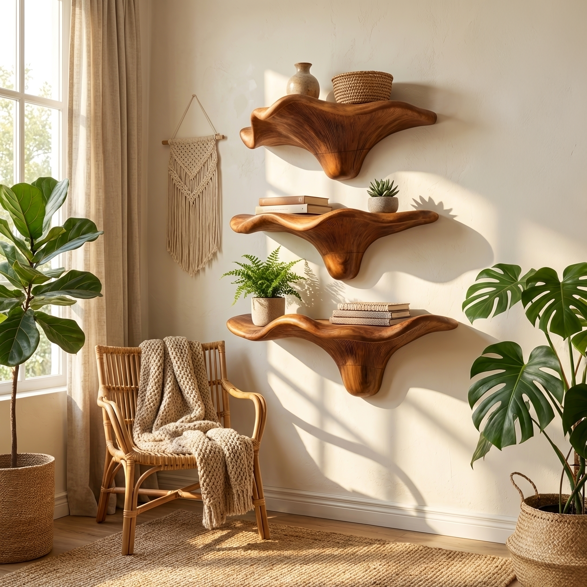 Étagère champignon en bois brut style Mid-Century pour décoration de salon SILDTTRMR005