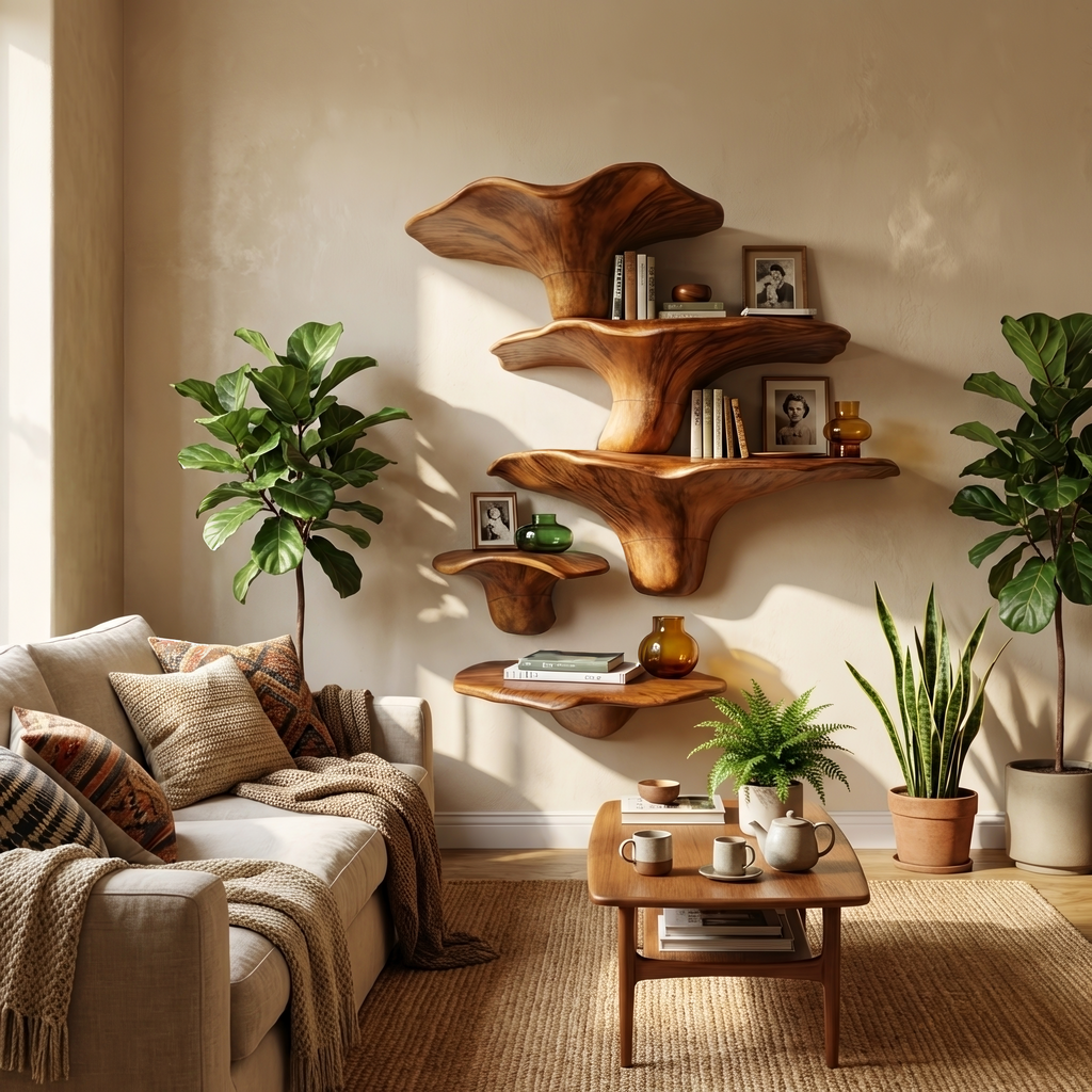 Étagère champignon moderne en bois massif pour l'entrée et la décoration SILDTTRMR008