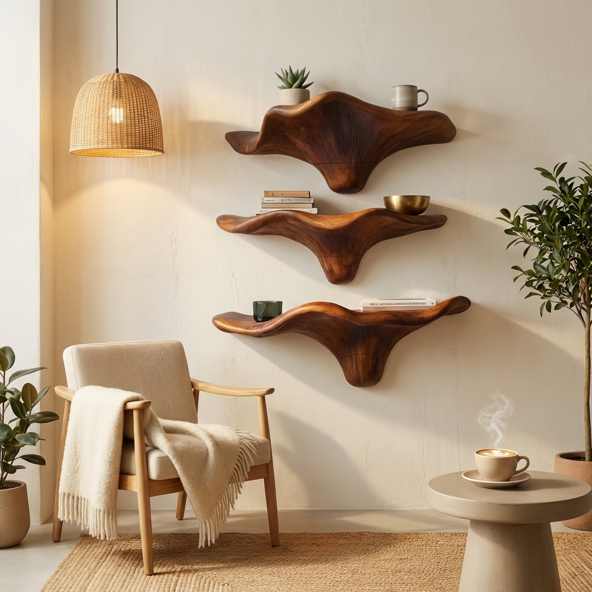 Étagère champignon en bois brut style Mid-Century pour décoration de salon SILDTTRMR005