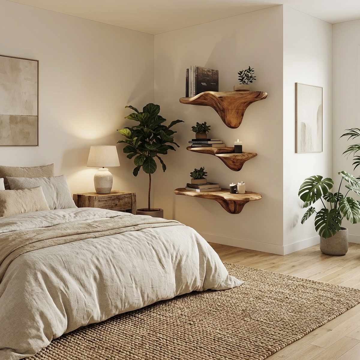 Étagère champignon artisanale en bois à bord brut pour décoration intérieure artistique SILDTTRMR015