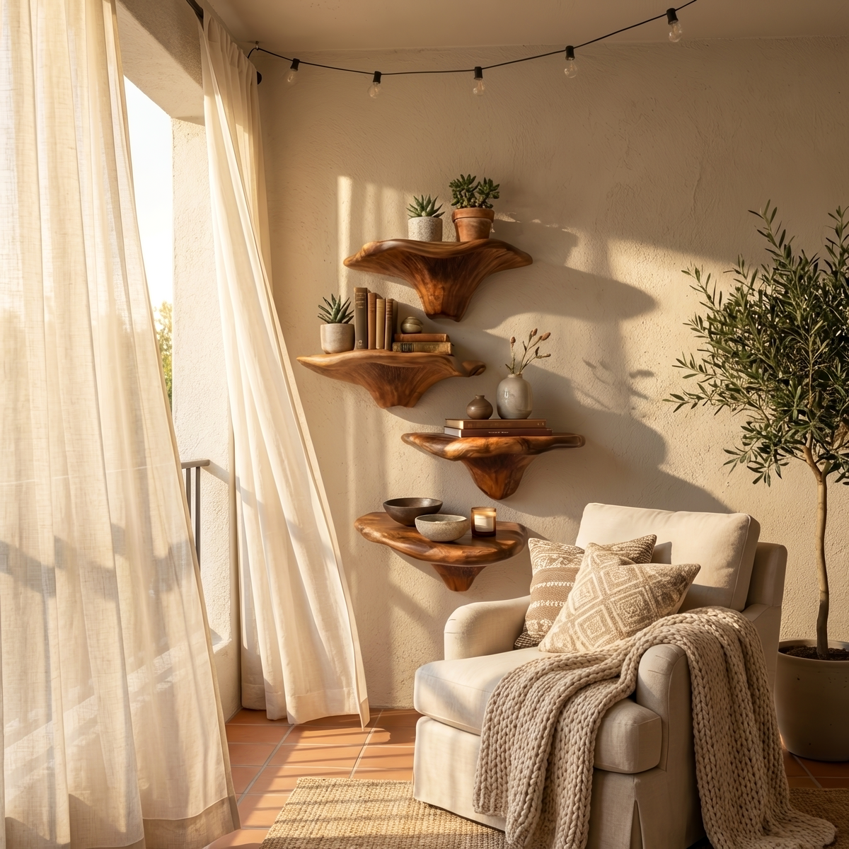 Étagère champignon artisanale en bois à bord naturel pour décoration de meuble SILDTTRMR007