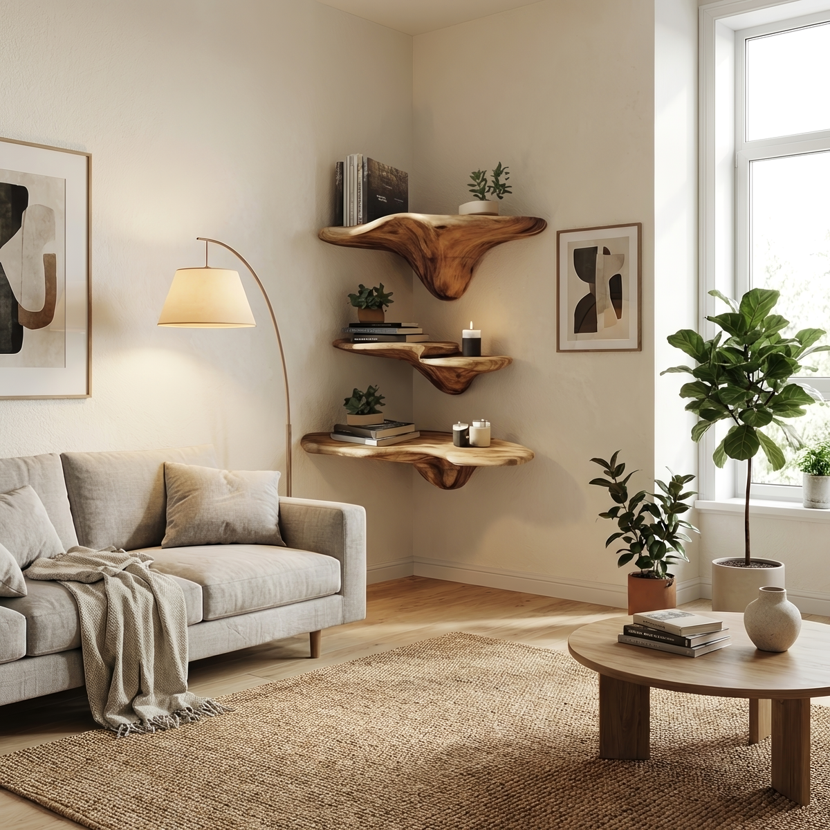 Étagère champignon artisanale en bois à bord brut pour décoration intérieure artistique SILDTTRMR015
