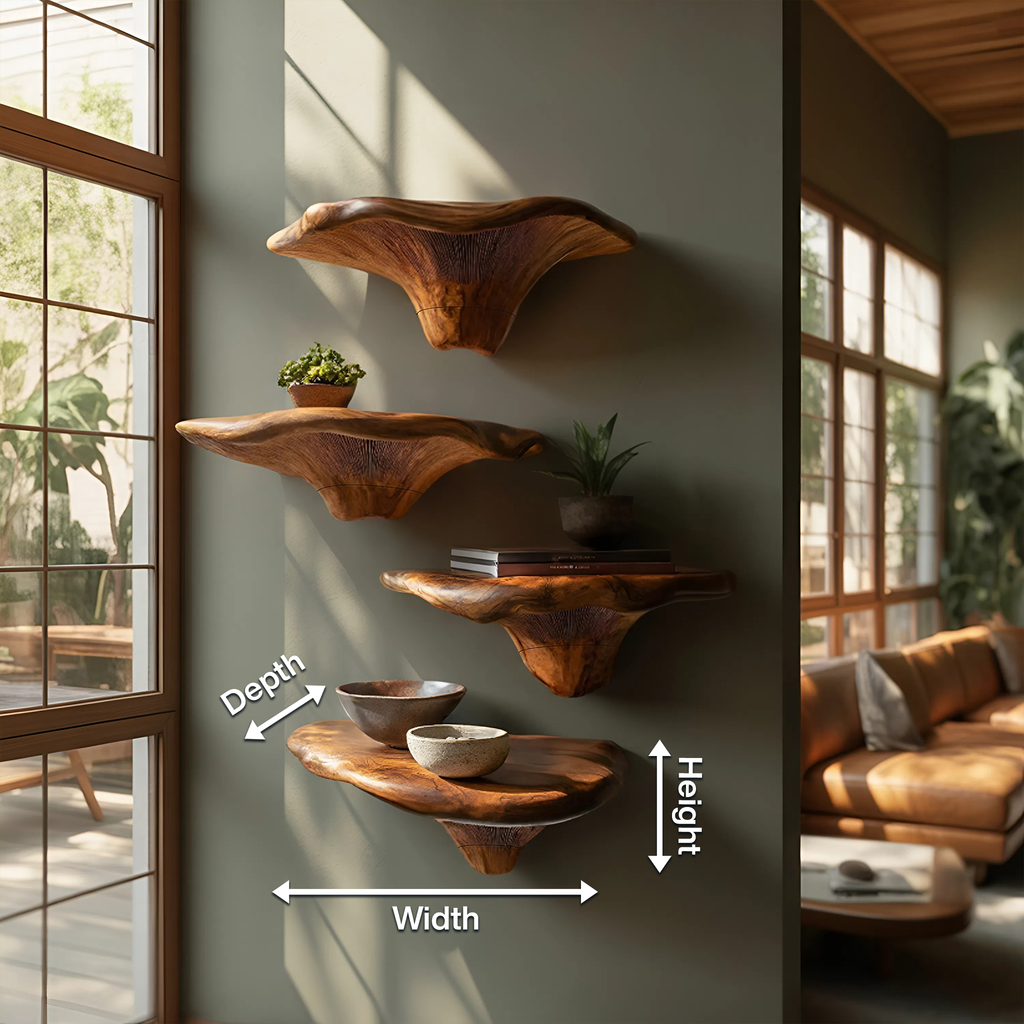 Étagère champignon artisanale en bois à bord naturel pour décoration de meuble SILDTTRMR007