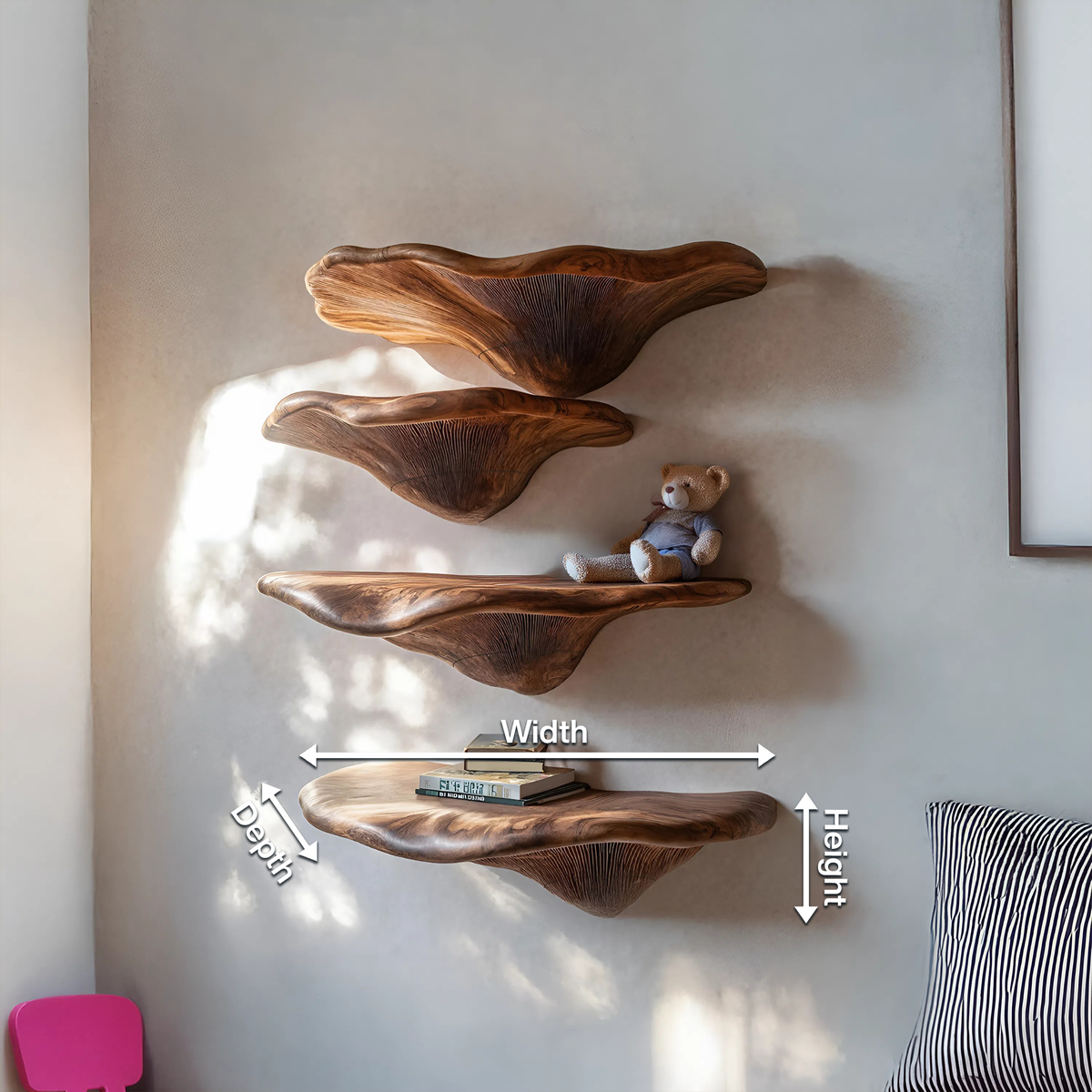 Étagère champignon en bois massif Mid-Century pour décoration murale de salon SILDTTRMR009