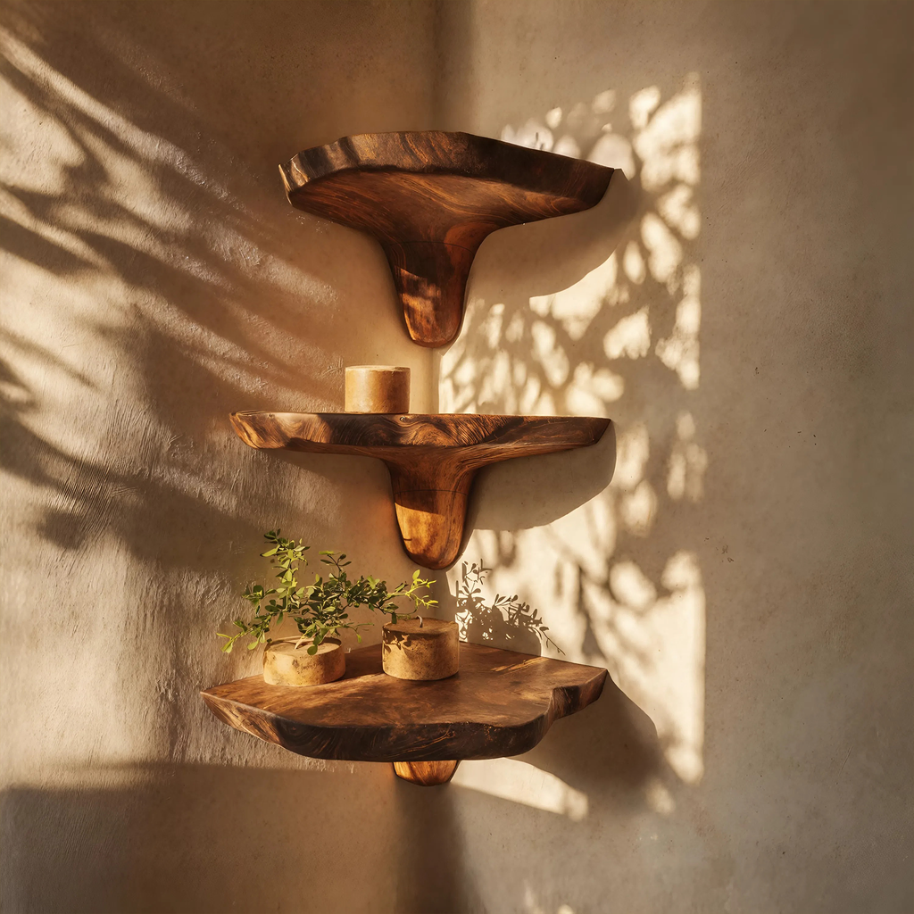 Étagère champignon en bois à bord brut style Mid-Century pour décoration de salon SILDTTNCMS001